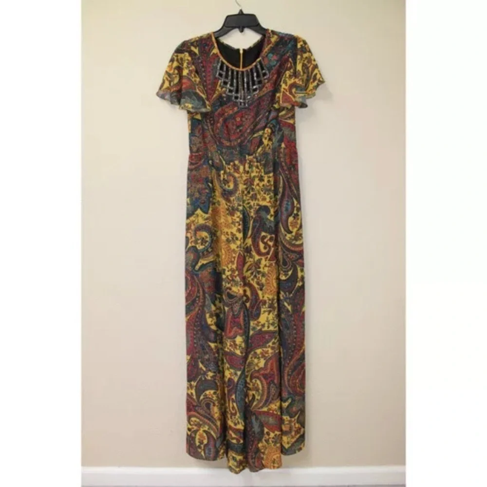 Anthropologie Ranna Gill Yellow Georgie Embroidered Paisley Jumpsuit NWT size 6 - Picture 2 of 15